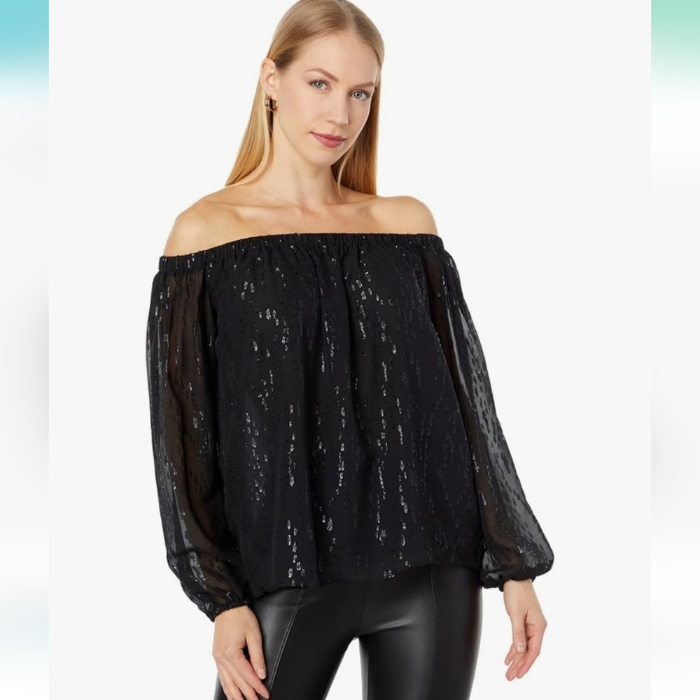 LILLY PULITZER  Emilee‎ Onyx Black Chiffon Long Sleeve Off the Shoulder Top XXS